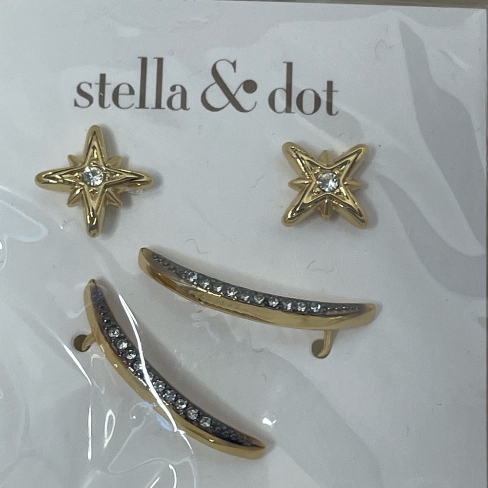 Stella & Dot Gold and Hematite Moon and Stars Earring Set NWT